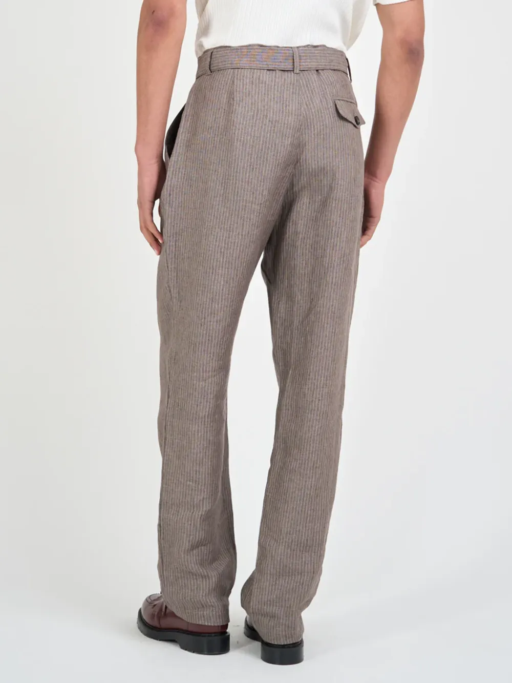 Brown Straight-Leg Belted Linen Trousers