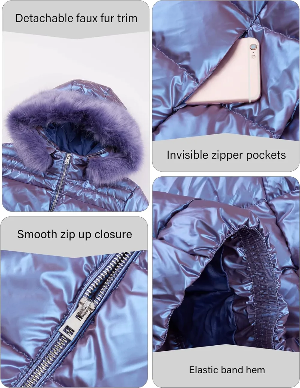 Womens Lightweight Puffer Jacket, Winter Coats for Women Warm Quilted Bubble Padded Hood Coat with Faux Fur Collar