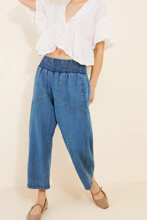 The Reese Smocked Pull-On Barrel Pants: Denim Edition