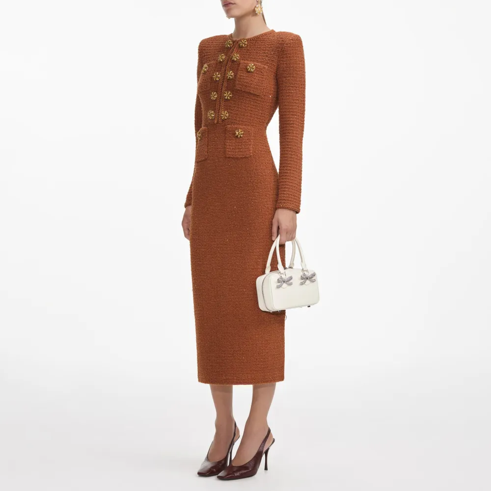 Brown Textured Knit Midi Dress