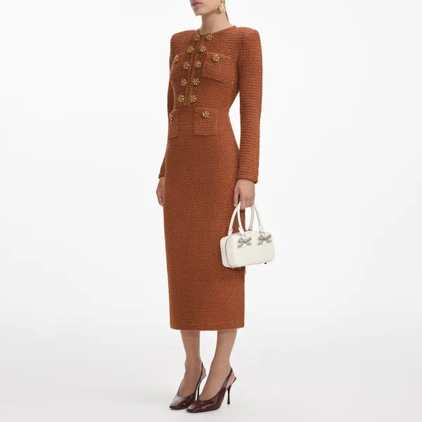 Brown Textured Knit Midi Dress