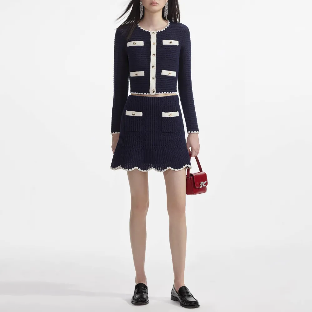 Navy Crochet Contrast Trim Mini Skirt