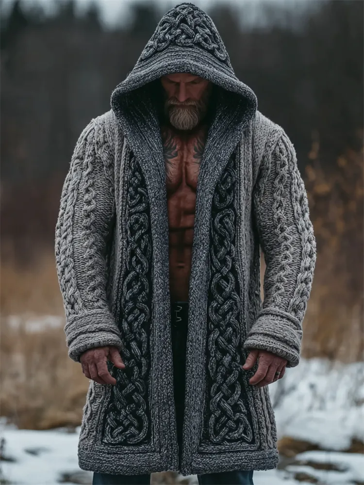 Men's Viking Celtic Knot Contrast Chunky Cozy Hooded Long Cardigan