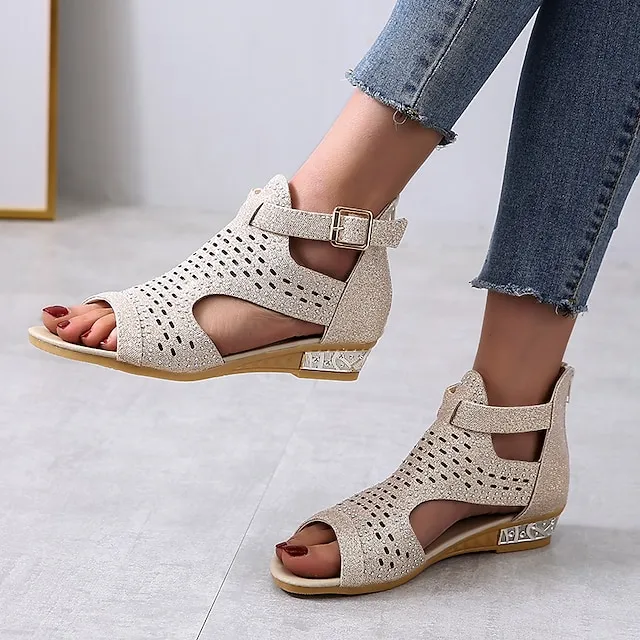 Women's Sandals Wedge Sandals Plus Size Party Outdoor Work Summer Spring Rhinestone Wedge Heel Peep Toe Elegant Classic Casual Faux Leather Zipper Solid Color Black Gold Beige