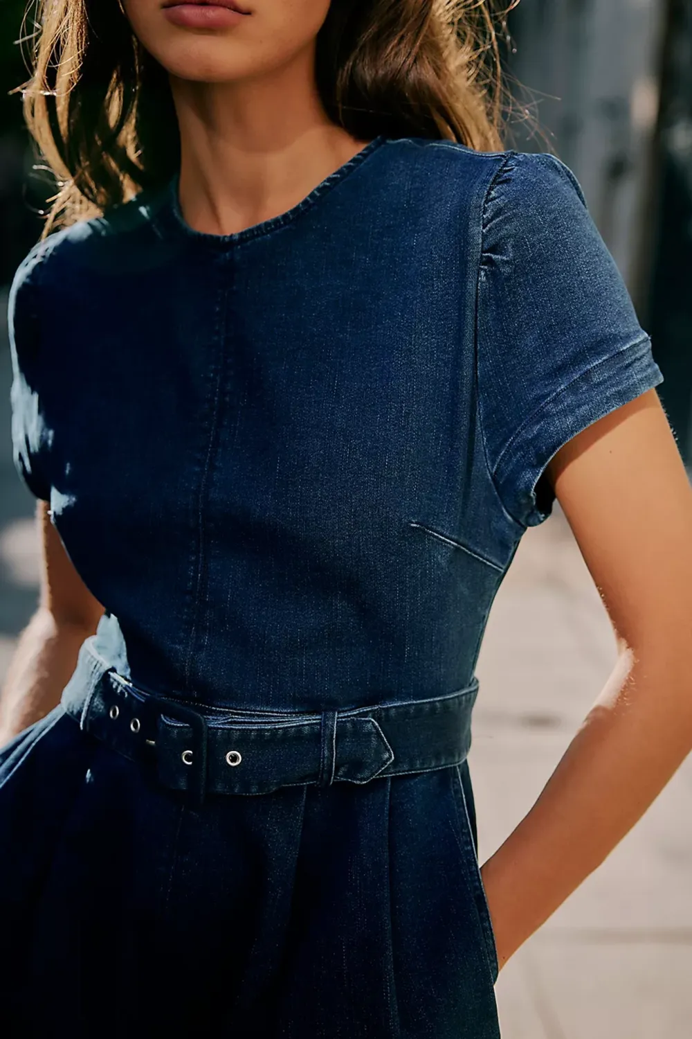 Short Sleeve Belted Denim Romper