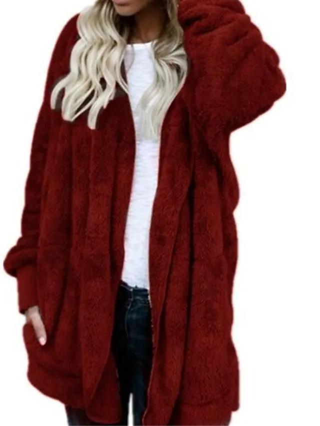 Women's Fleece Sherpa Jacket Teddy Bear Coat with Hood Open Front Winter Coat Fall Windproof Warm Comtemporary Stylish Plush Jacket Long Sleeve Plain with Pockets Oversize Lotus Black