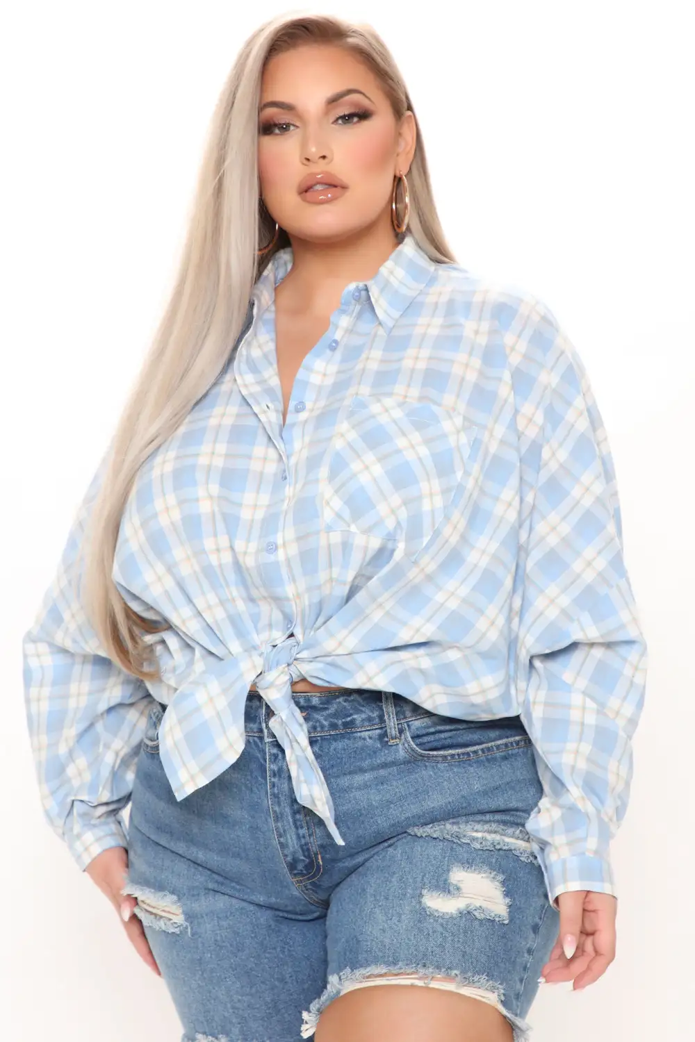 Giddy Up Over Size Plaid Shirt - Blue/combo
