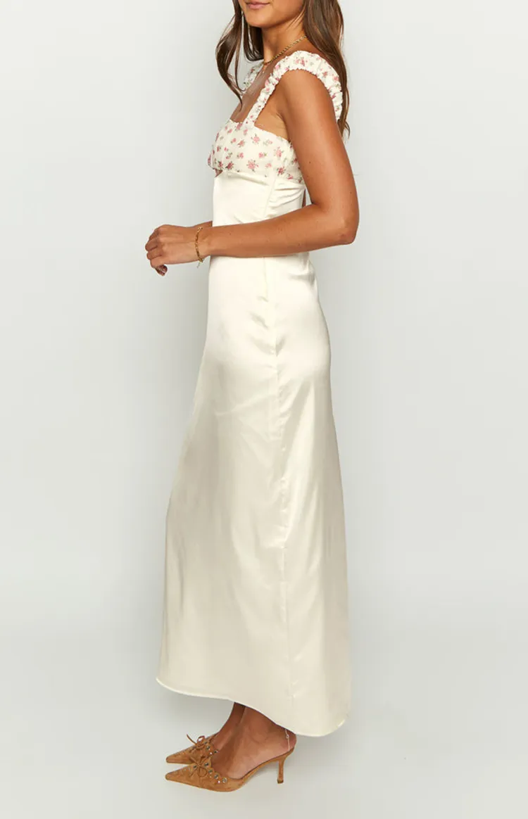 Cream Satin Square Neck Maxi Dress