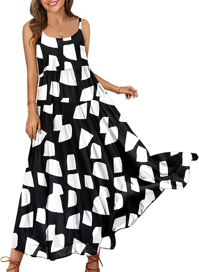 Summer Dresses for Women Casual Loose Bohemian Floral Dress with Pockets Spaghetti Strap Maxi Dress E75