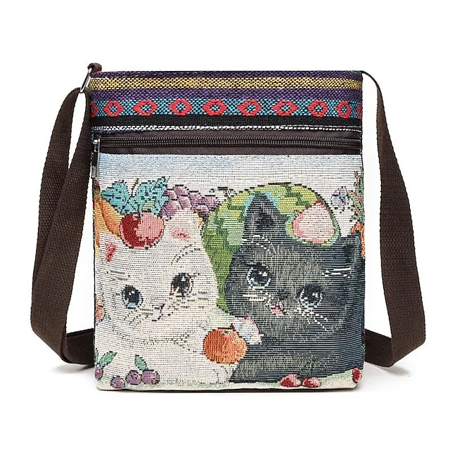 Women's Crossbody Bag Shoulder Bag Hobo Bag Polyester Daily Holiday Zipper Large Capacity Lightweight Durable Geometric Cat Folk [Small Size]Couple Cat [Trumpet] Yellow Elephant [Trumpet] Blue