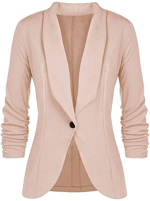 Women's Blazer Formal Office Jacket Open Front Button Plain Windproof Streetwear Pink Regular Fit Outerwear Long Sleeve Spring Navy S