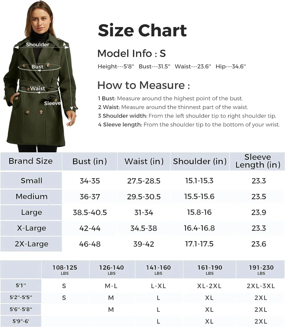 Women's Double Breasted Pea Coat Winter Mid-Long Trench Coat with Belt