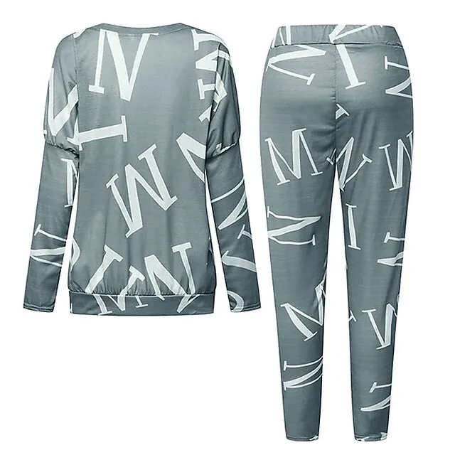 Women's Letter Print Lounge Sets Sweatsuit 2 Pcs  Crew Neck Long Sleeve Tops & Slim Pants Outfits Sport Comfort Home Street Vacation Polyester Off Shoulder Fall Winter S 2XL Black White