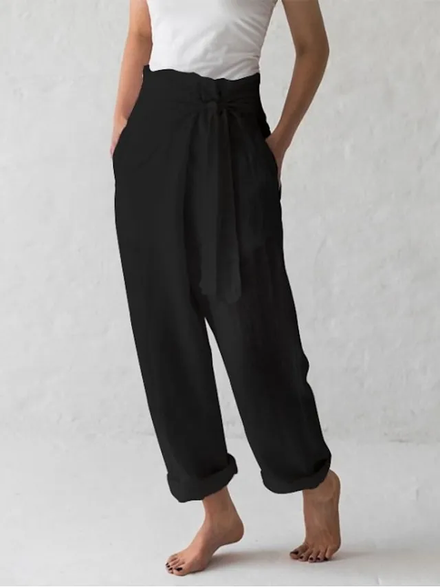Women's Wide Leg Linen Pants Slacks Full Length Faux Linen Baggy High Waist Yoga Chino Black Dark Blue S M