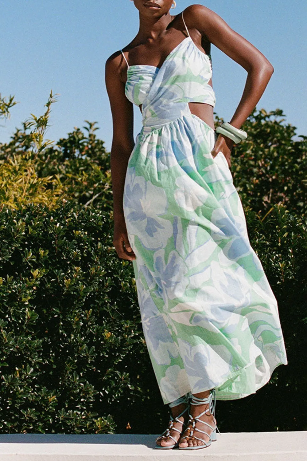 Floral Print Spaghetti Strap Cut Out Midi Dress