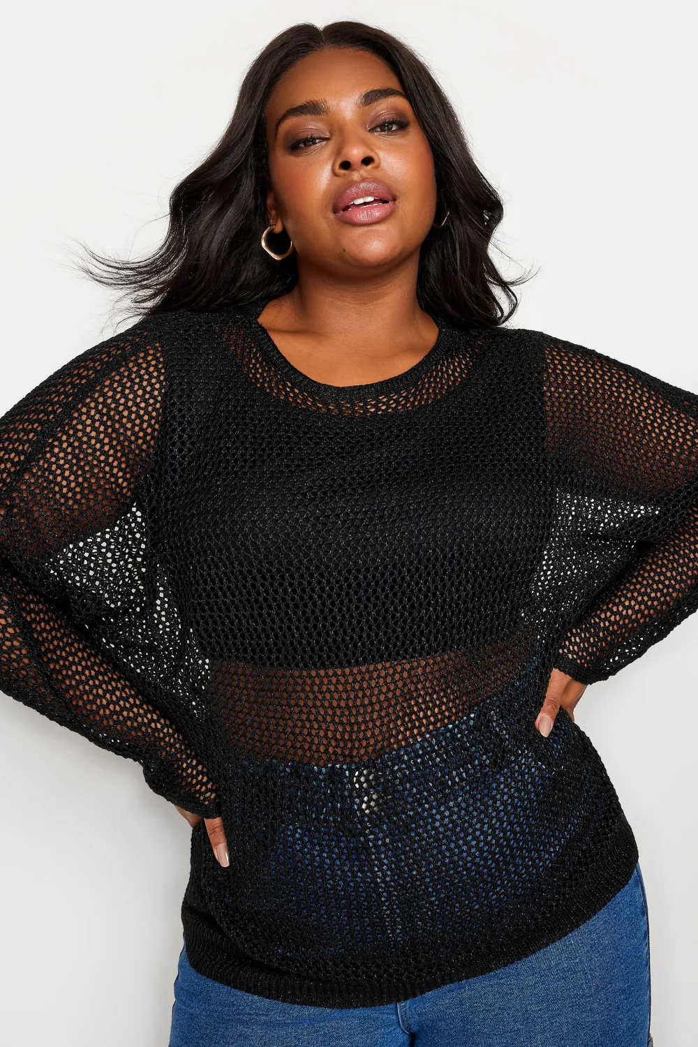 YOURS Curve Black Metallic Crochet Jumper