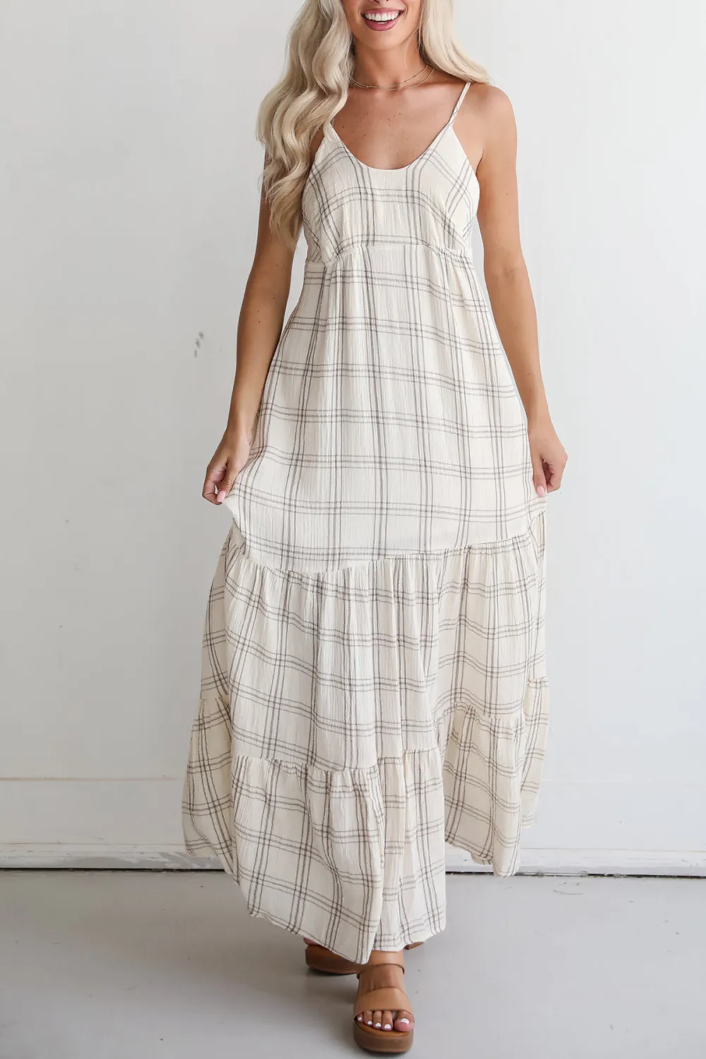 Playful Vibes Grey Plaid Linen Maxi Dress
