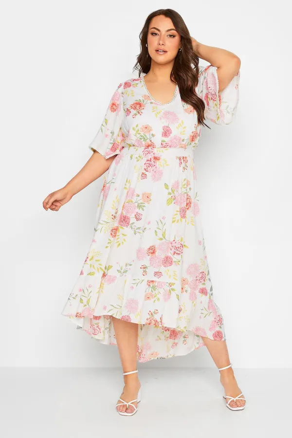 YOURS Curve White Floral Print Dipped Hem Midi Dress