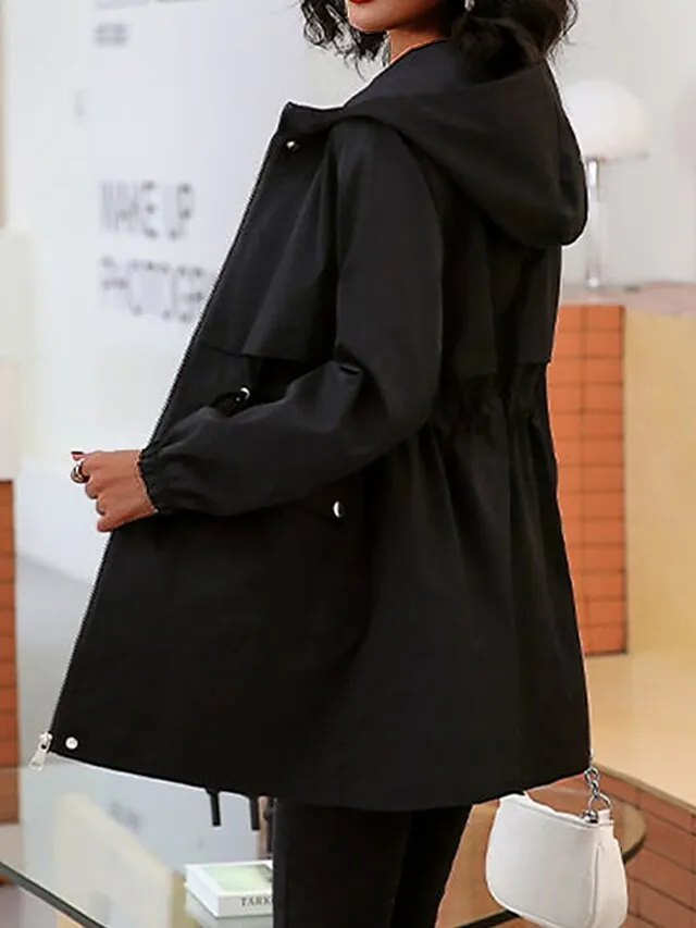 Women's Trench Coat Fall Outdoor Zipper Plain Breathable Streetwear Regular Fit Outerwear Long Sleeve Black M