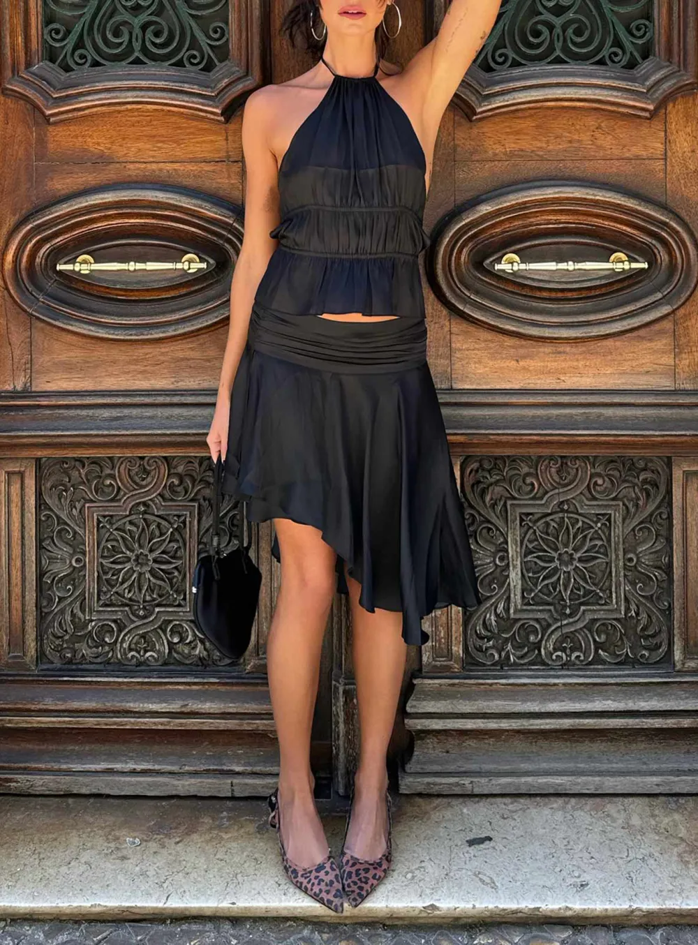 Black Asymmetrical Wrap Mini Skirt