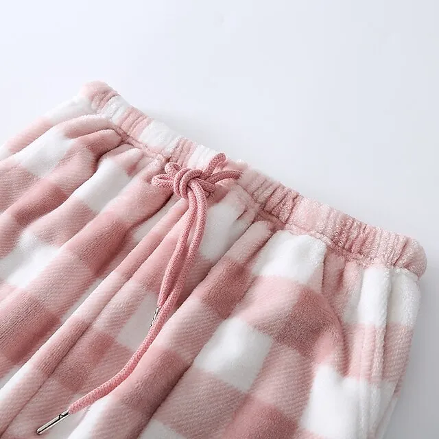Women's Christmas Pajamas Winter Pants Nighty Pjs Grid / Plaid Fashion Simple Comfort Party Xmas Home Bed Flannel Warm Breathable Long Pant Elastic Waist Winter Fall Blue Pink / Sweet / Gift / Print