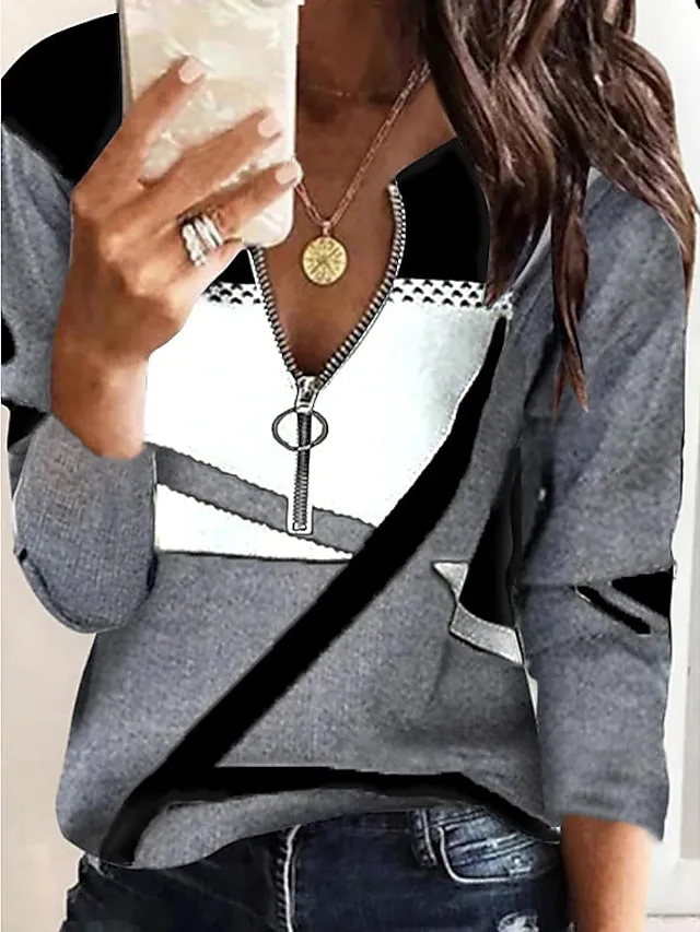 Women's Plus Size Shirt Blouse Graphic Color Block Black Red Fuchsia Quarter Zip Print Long Sleeve Casual Vintage V Neck Regular Fit Fall & Winter