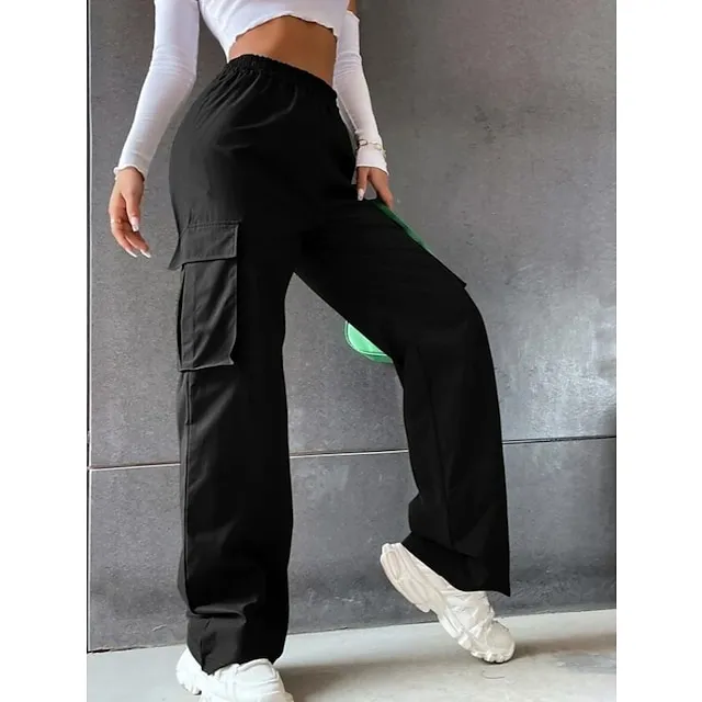 Women‘s Cargo parachute pants Chinos Trousers Full Length Cotton Blend Pocket Baggy Micro-elastic Mid Waist Fashion Casual Weekend Black Army Green S M Summer Spring &  Fall