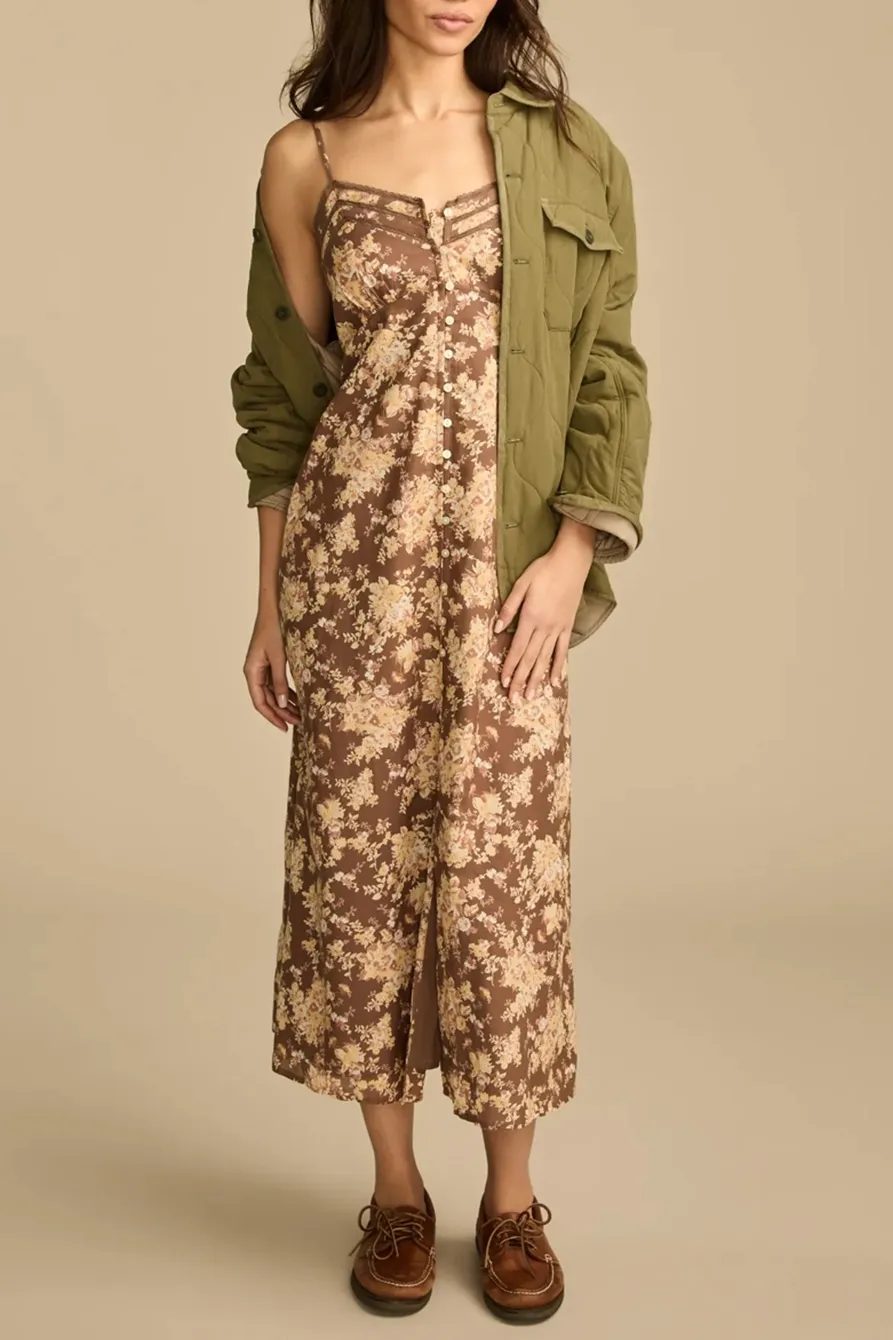 Brown Floral Lace Trimmed Slip Dress