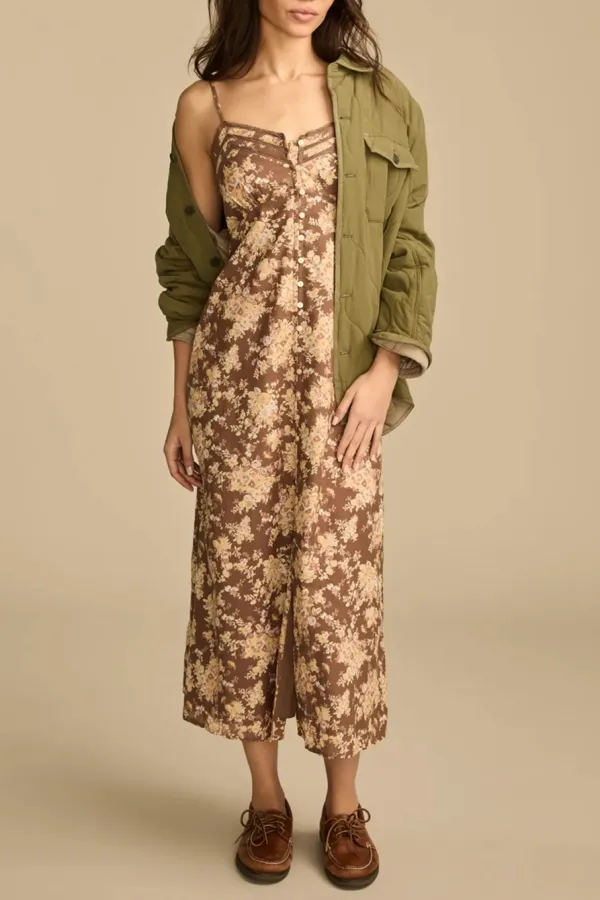 Brown Floral Lace Trimmed Slip Dress