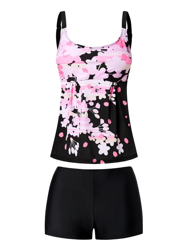Vacation Floral Printing Scoop Neck Tankinis Two-Piece Set