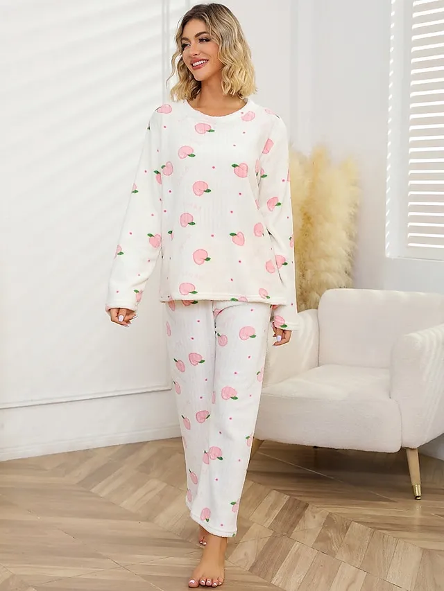 Women's Fleece Coral Pajamas Sets Cartoon Fruit Fashion Plush Casual Home Daily Bed Coral Breathable Crew Neck Long Sleeve Pant Summer Fall Lotus Pink Black