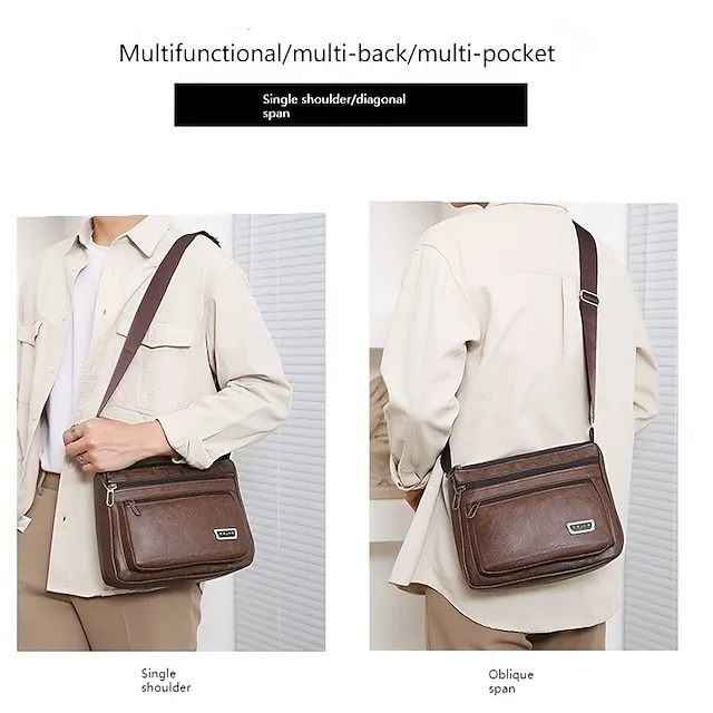 Men's Crossbody Bag Shoulder Bag Messenger Bag PU Leather Daily Holiday Zipper Adjustable Large Capacity Waterproof Solid Color Black Brown khaki