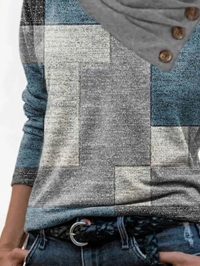 Women's T shirt Tee Red Navy Blue Blue Geometric Abstract Button Print Long Sleeve Casual Weekend Daily Basic Pile Neck V Neck Regular Fit Geometric Painting Fall & Winter