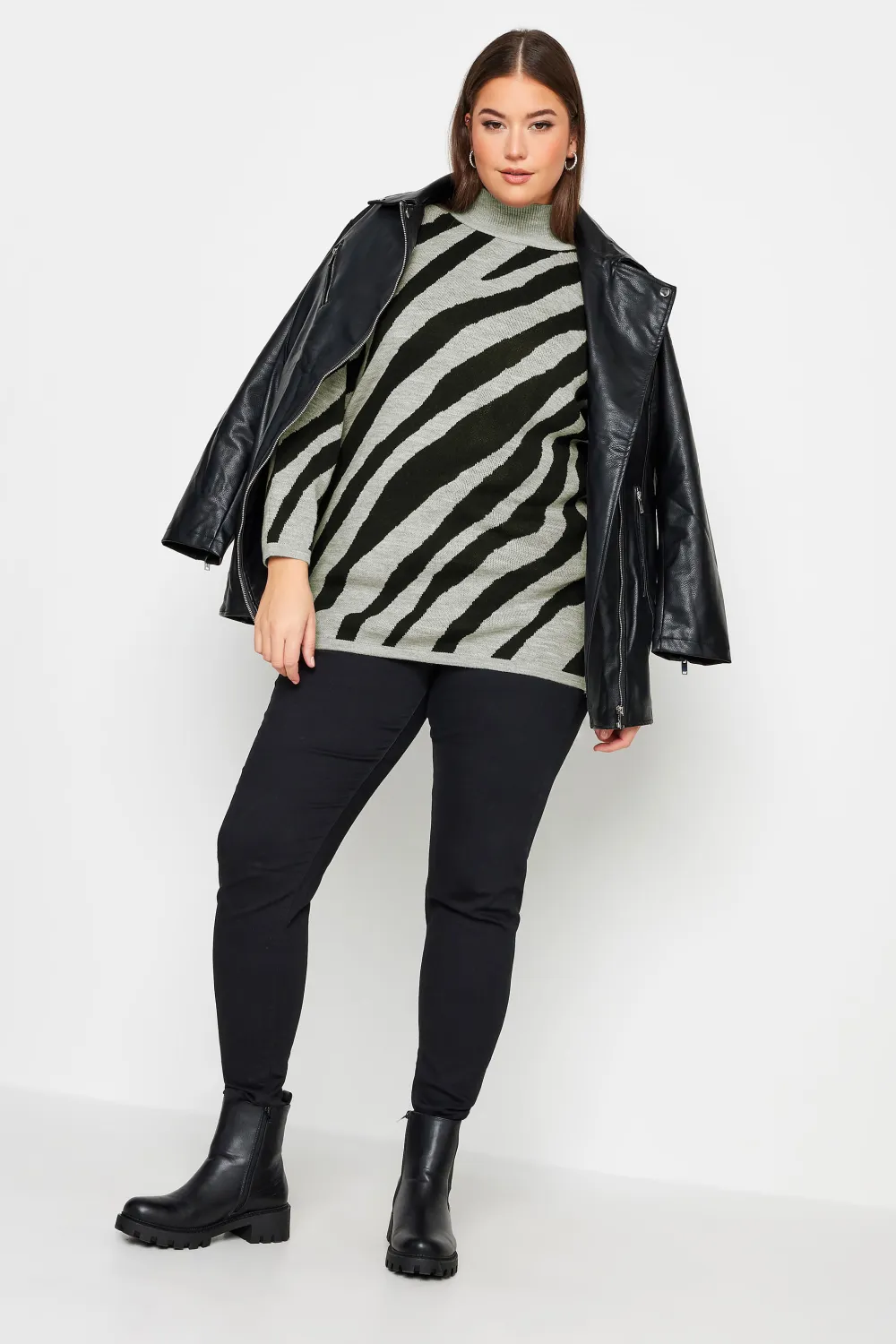YOURS Curve Grey Zebra Print Turtle Neck Jumper