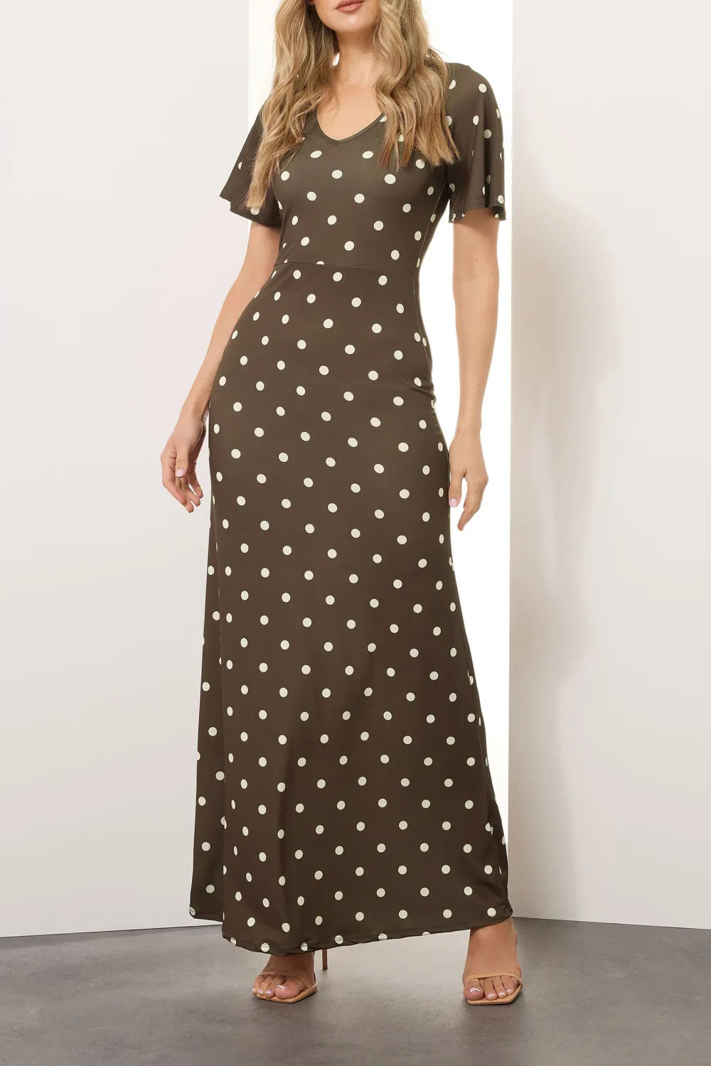 Brown Spot Polkadot Angel Sleeve Maxi Dress