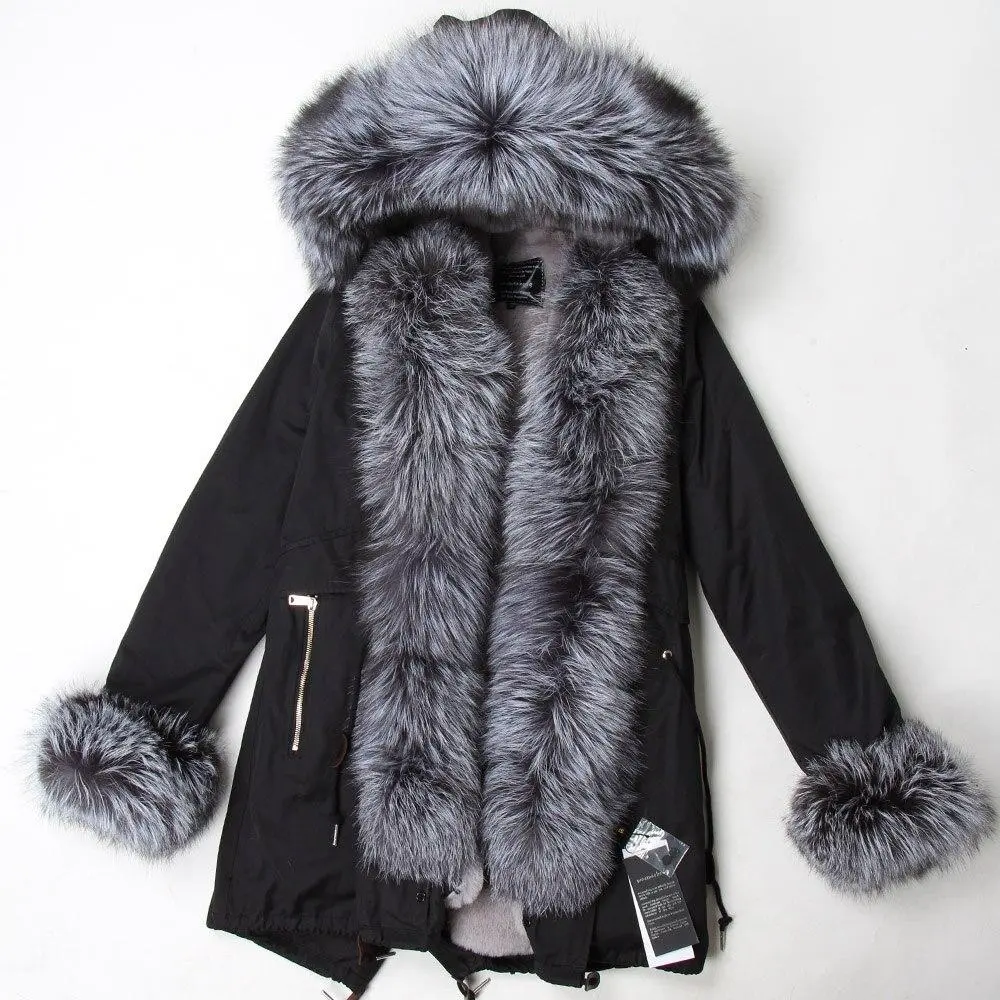 Women's Parka Fox Fur Coats Real Fur Winter Long Black Park Cotton Thick Warm