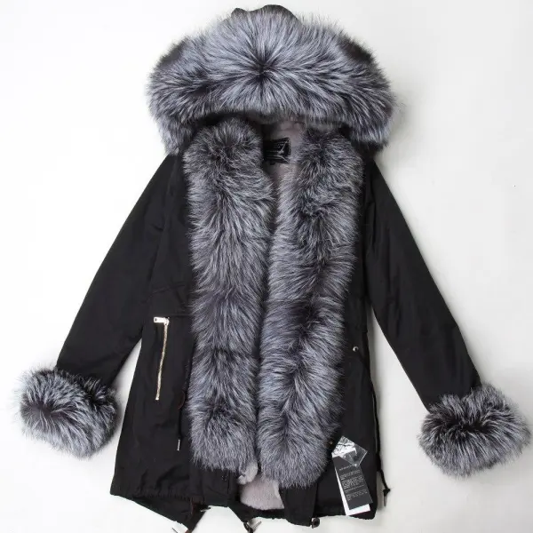 Women's Parka Fox Fur Coats Real Fur Winter Long Black Park Cotton Thick Warm