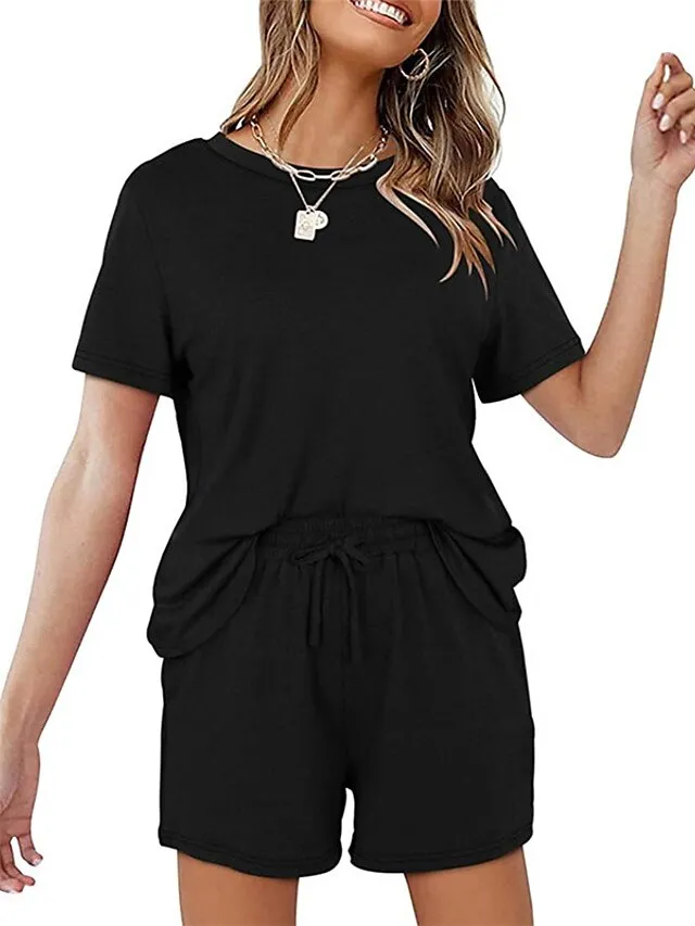 Women's Loungewear Sets Nighty 2 Pieces Pure Color Simple Comfort Home Street Cotton Crew Neck Short Sleeve T shirt Tee Shorts Spring Summer Green Blue