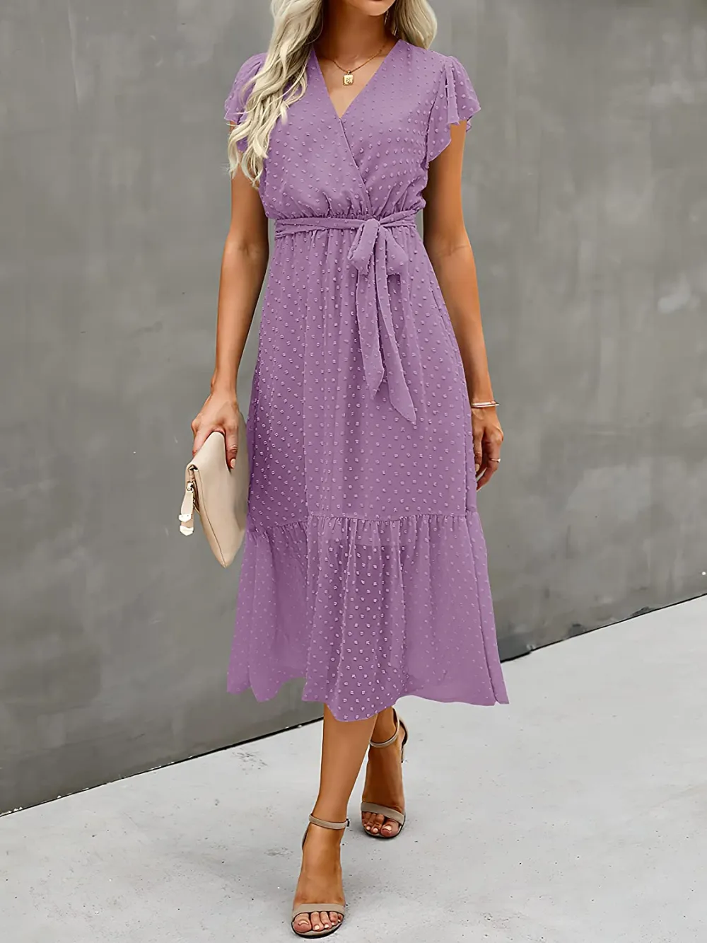 Women Summer Bohemian Floral Casual Wrap V Neck Ruffle Cap Sleeveless Belt A-Line Pleated Hem Swing Midi Sun Dress