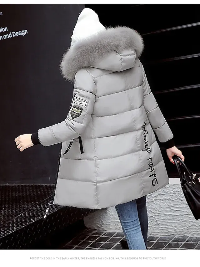 Women's Puffer Jacket Long with Pockets Slim Fit Fur Collar Coat powder Bean Green White Black Gray Classic Style Christmas Winter Zipper Hoodie Regular Fit M L XL XXL XXXL / Daily / Windproof
