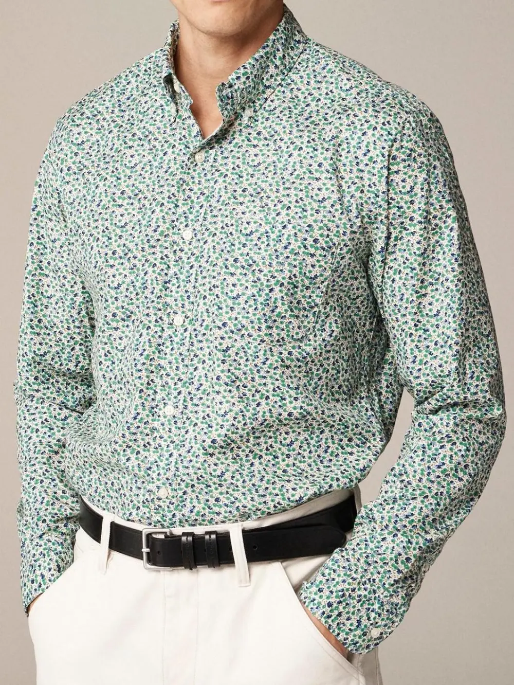 Light Green And White Floral Print Long Sleeve Shirt