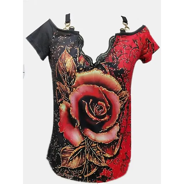 Women's T shirt Tee Floral Graphic Casual Holiday Red Blue Purple Short Sleeve Beach Off Shoulder