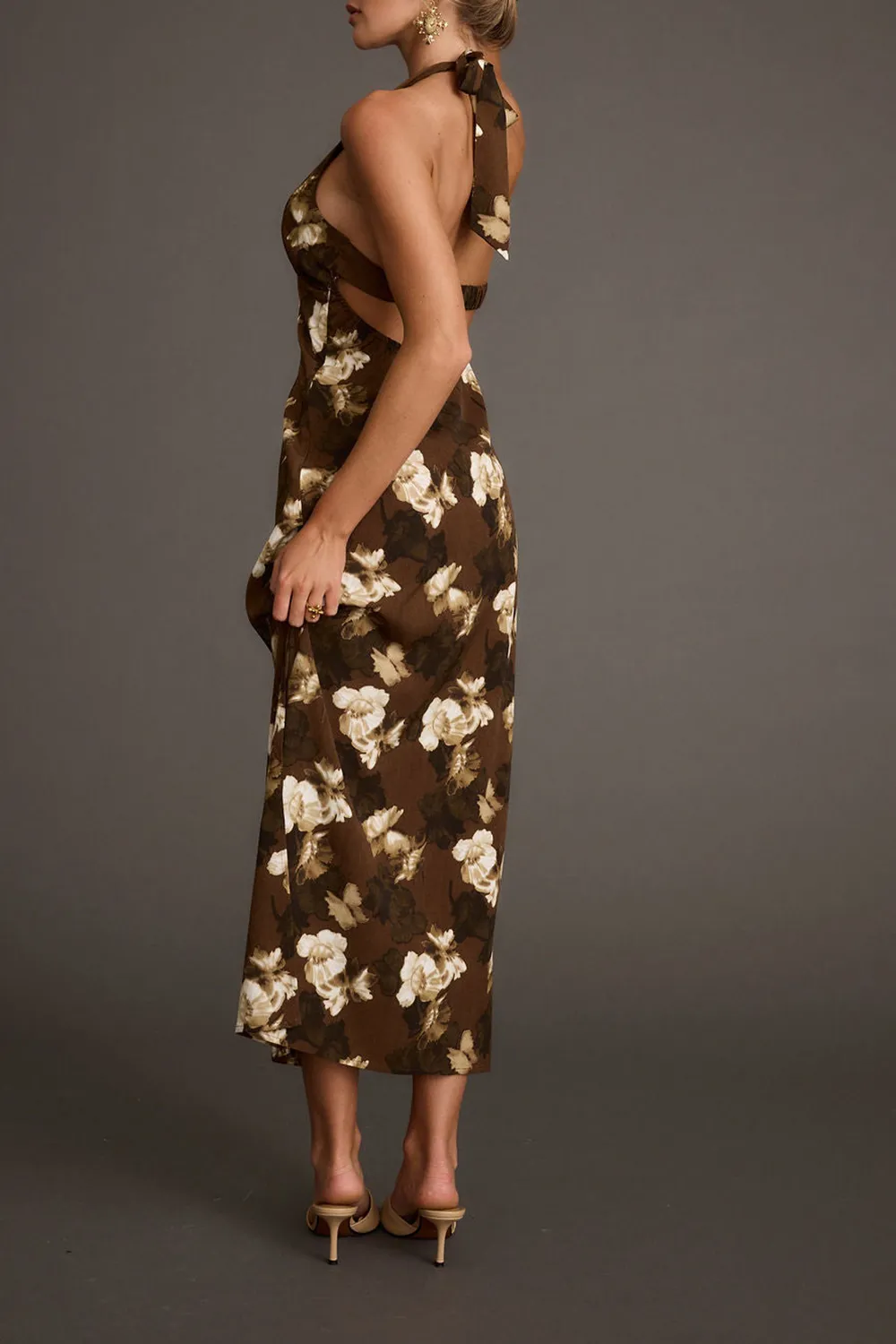 Brown Floral Halter Maxi Dress