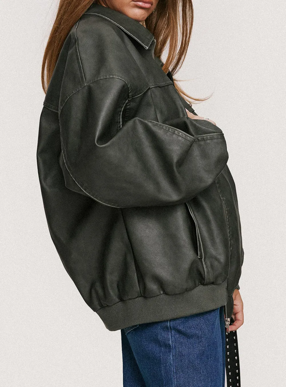 Loose Fit Faux Leather Bomber Jacket