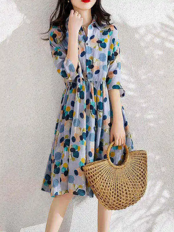 Original Polka-Dot Lapel Short Sleeves A-Line Midi Dress