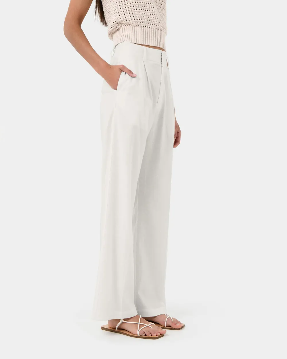 High Waisted Design Linen Tailored Pants -Lvory