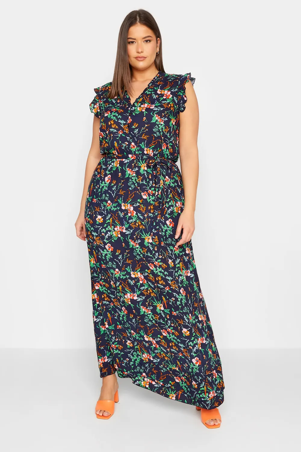 LTS Tall Navy Blue Floral Print Frill Sleeve Maxi Dress