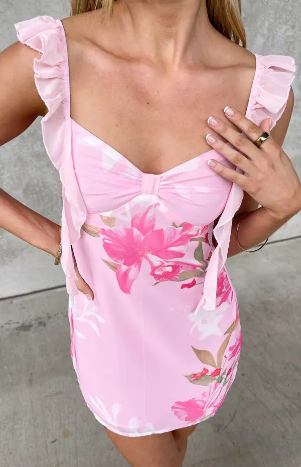 Floral Print Ruffled Strap Mini Dress