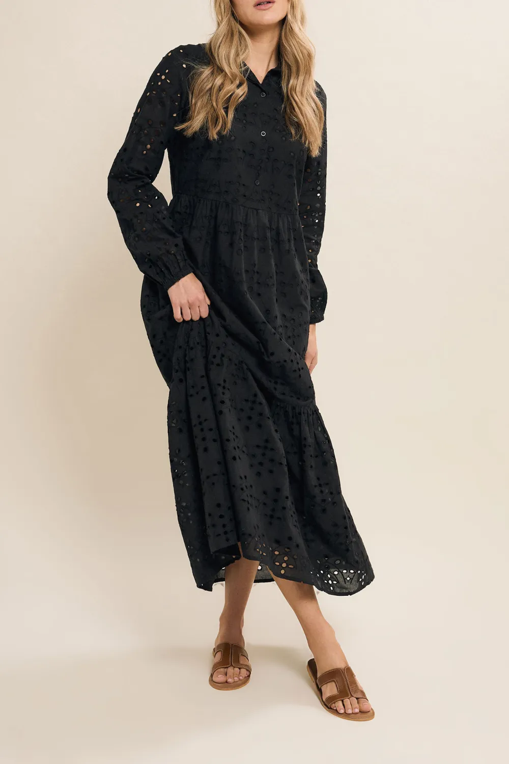 Casual Style Black Broderie Tiered Maxi Dress