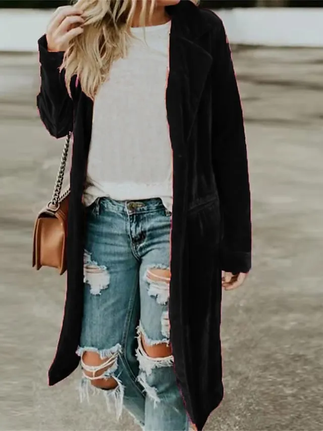 Women's Velvet Trench Coat Christmas Party Long Overcoat Winter Open Front Lapel Pea Coat Windproof Warm Street Xmas Jacket Long Sleeve with Pockets Dark Grey Black Yellow